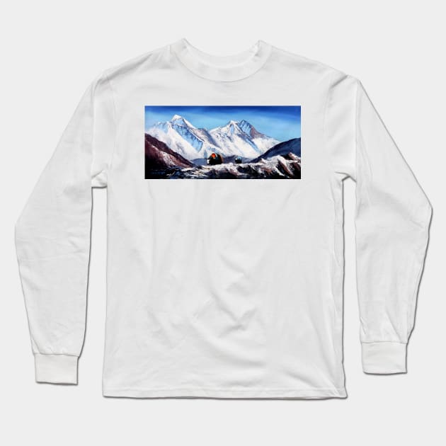 Panoramic View Of Everest Mountain Base Camp Area Long Sleeve T-Shirt by whimsyart